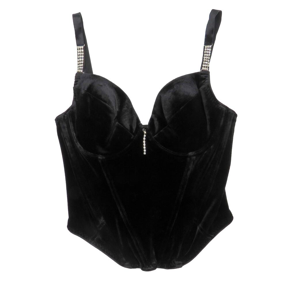 90s Vintage Ann Summers Black Velvet Rhinestone Strap Lace Up Corset Bustier 34C